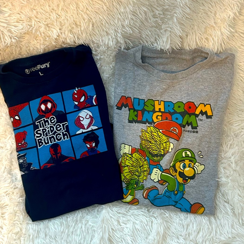 Lot of 2 Tee Fury T-shirts - Spider-Man & Mario Bros